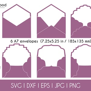 Set 6 Wedding Invitation A7 (5.25 x 7.25 in) Plantilla de sobre para 5x7 Invitación Vector Svg Dxf Eps Silhouette Paper DAY Papercut Corte láser