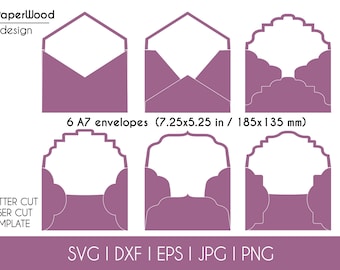 May include: A digital design featuring six A7 envelopes in a mauve color. The envelopes have various decorative cut-out designs. The image includes the text "6 A7 envelopes (7.25x5.25 in / 185x135 mm)" and file type options.