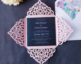 Four-Fold Square Wedding Invitation Cut Template Swirl Lace Card 6x6 Envelope Svg Dxf Eps Paper Papercut Cricut Silhouette Laser Cut File