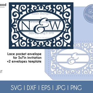 Wedding Invitation Pocket Envelope Cut Template 5x7 Classic Swirl Lace Card Svg Dxf Eps DIY Paper Papercut Silhouette Cricut Laser Cut File