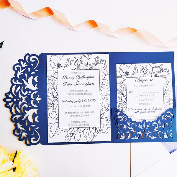 Tri-Fold Pocket Wedding Invitation Cut Template Envelope A7 5x7 Swirl Lace Card Svg Dxf Eps Silhouette Cricut Paper Papercut Laser Cut File