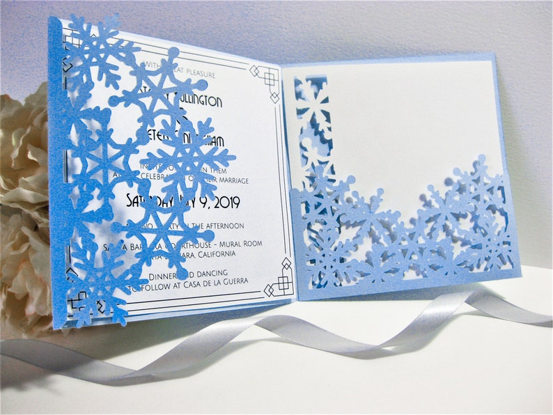 Set Winter Snowflake Tri Fold Wedding Invitation Envelope 6x6 in RSVP Card Vector Svg Dxf Eps Pdf Silhouette Cricut Paper Laser Cut Template image 1