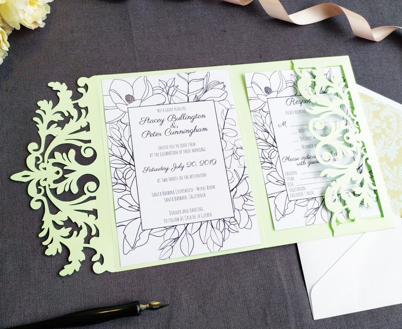 Tri-Fold Pocket Wedding Invitation Cut Template Envelope A7 5x7 Swirl Lace Card Svg Dxf Eps Silhouette Cricut Paper Papercut Laser Cut File imagen 1
