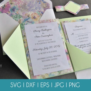 Set Classic Tri Fold Pocket Wedding Invitation Envelope A7 5x7 RSVP Card Vector Svg Dxf Eps Pdf Silhouette Studio Paper Laser Cut Template