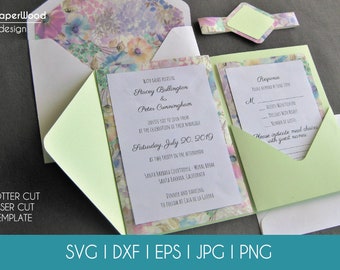 Set Classic Tri Fold Pocket Wedding Invitation Envelope A7 5x7 RSVP Card Vector Svg Dxf Eps Pdf Silhouette Studio Paper Laser Cut Template
