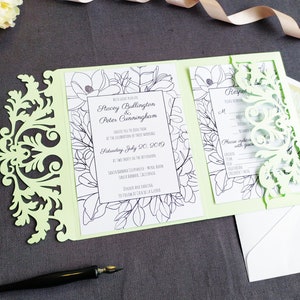 Tri-Fold Pocket Wedding Invitation Cut Template Envelope A7 5x7 Swirl Lace Card Svg Dxf Eps Silhouette Cricut Paper Papercut Laser Cut File imagen 8