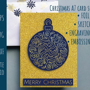 Feliz Natal Folha de pena e modelo de cartão cortado 5x7 + A7 Envelope Design de linha única Esboço em relevo SVG DXF EPS Cricut Silhouette Cameo