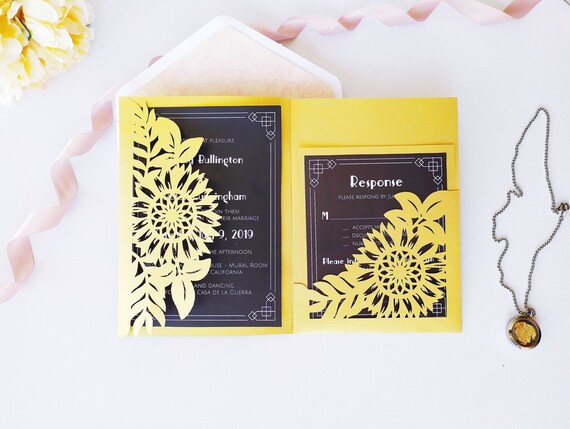 Download Tri Fold Pocket Sunflower Wedding Invitation Cut Template Etsy