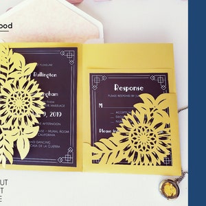 Tri-Fold Pocket Sunflower Wedding Invitation Cut Template Envelope A7 5x7  Card Silhouette Cricut Svg Dxf Eps Paper Papercut Laser Cut File