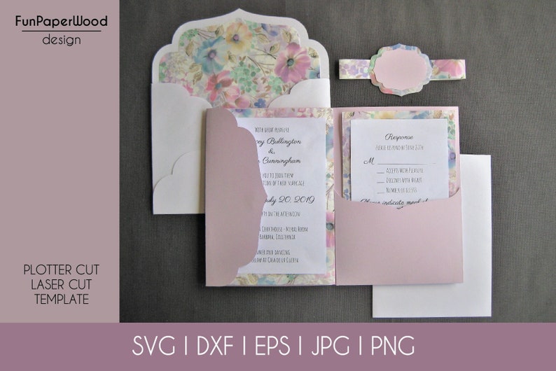 May include: A wedding invitation template with a floral design. The template includes a pocket folder, an inner card, and a response card. The text on the inner card reads "Wedding Reception" and includes the names "Mary Bullington & Cunningham" and the date "July 20, 2019". The response card includes the text "Response" and has a space for guests to RSVP.