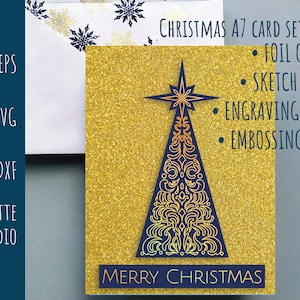 Feliz Natal Folha de pena e modelo de cartão cortado 5x7 + A7 Envelope Design de linha única Esboço em relevo SVG DXF EPS Cricut Silhouette Cameo