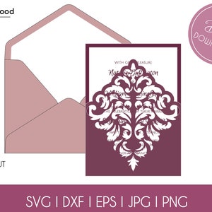Envelope de bolso de renda de casamento, envelope a7 5x7, modelo de cartão de convite, clássico, svg, dxf, eps, faça você mesmo, papel, corte de papel, silhueta, cricut, arquivo de corte a laser