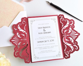 Set Wedding Invitation Gate Fold A7 5x7 Swirl Lace Card + Envelope Vector SVG DXF EPS Silhouette Cricut Paper Papercut Laser Cut Template