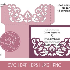 Wedding Invitation Pocket Envelope Cut Template 5x7 Classic Swirl Lace Card Svg Dxf Eps DIY Paper Papercut Laser Silhouette Cricut Cut File