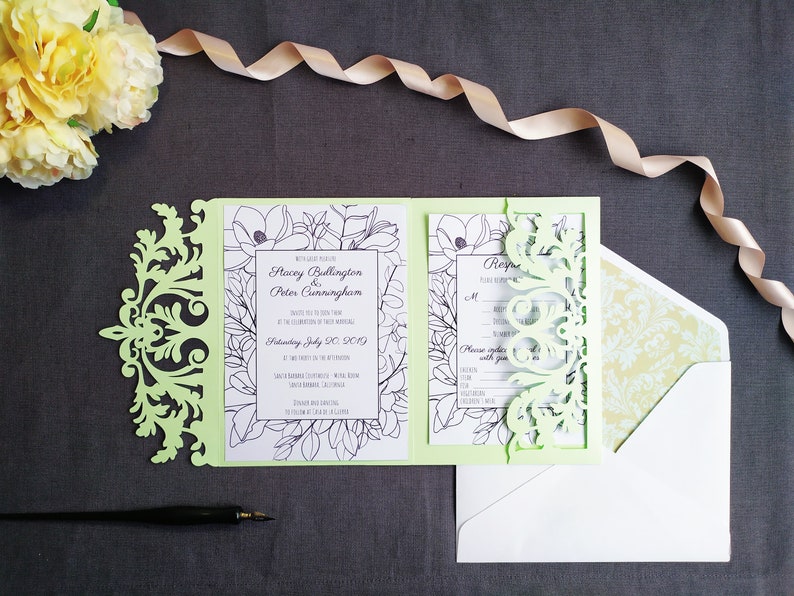 Tri-Fold Pocket Wedding Invitation Cut Template Envelope A7 5x7 Swirl Lace Card Svg Dxf Eps Silhouette Cricut Paper Papercut Laser Cut File imagen 9