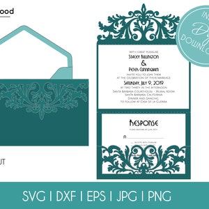 Tri-Fold Pocket Wedding Invitation Cut Template Envelope A7 5x7 Swirl Lace Card Svg Dxf Eps Silhouette Cricut Paper Papercut Laser Cut File imagen 3