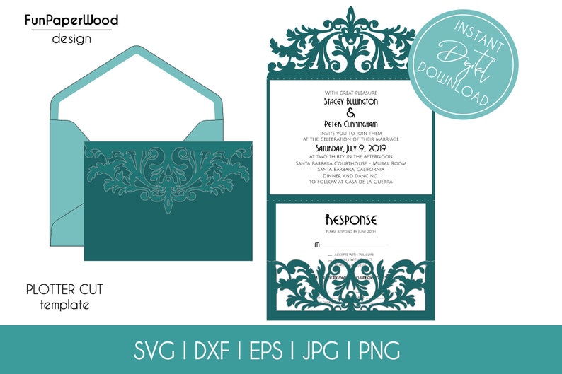 Tri-Fold Pocket Wedding Invitation Cut Template Envelope A7 5x7 Swirl Lace Card Svg Dxf Eps Silhouette Cricut Paper Papercut Laser Cut File imagen 3