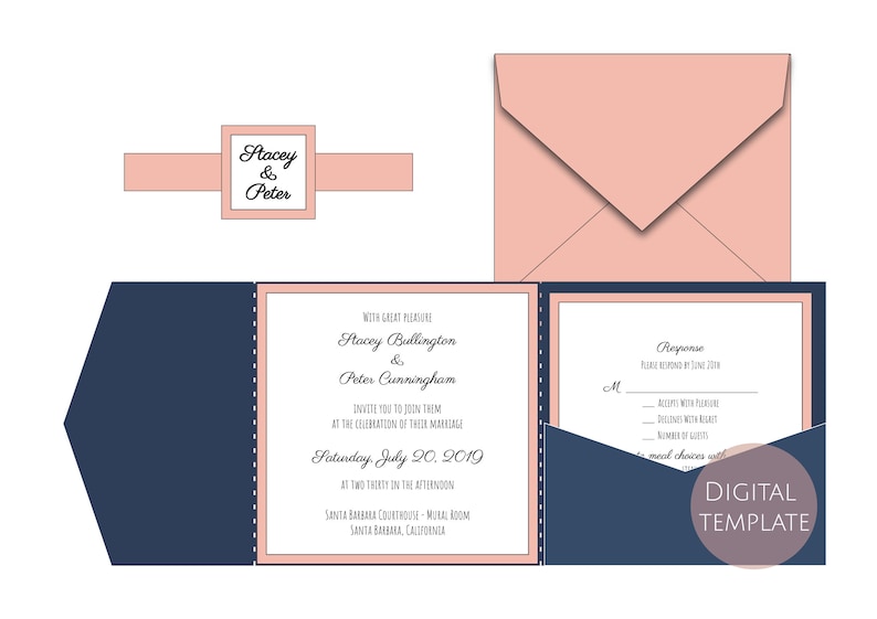 Set Classic Pocket Tri Fold Wedding Invitation Square Envelope Etsy