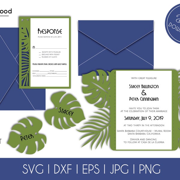 Set Gate Fold Invitation Card 5x7 Tropical Floral Summer Wedding RSVP Card Envelope Vector Svg Dxf Eps Silhouette Paper Laser Cut Template