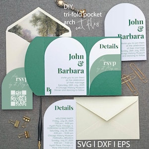 Modern Arch Tri Fold Pocket Layered Wedding Invitation template 5x7 in  Cricut Silhouette Brother plotter laser cut SVG Dxf Eps DIY invite