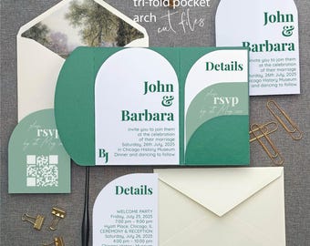 Modern Arch Tri Fold Pocket Layered Wedding Invitation template 5x7 in  Cricut Silhouette Brother plotter laser cut SVG Dxf Eps DIY invite