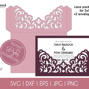 Wedding Invitation Pocket Envelope Cut Template 5x7 Classic Swirl Lace Card Svg Dxf Eps DIY Paper Papercut Laser Silhouette Cricut Cut File