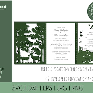 Set Forest Rustic Tri Fold Pocket Wedding Invitation Envelope 5x7 RSVP Card Vector Svg Dxf Eps Silhouette Cricut Paper Laser Cut Template