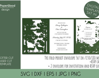 Set Forest Rustic Tri Fold Pocket Wedding Invitation Envelope 5x7 RSVP Card Vector Svg Dxf Eps Silhouette Cricut Paper Laser Cut Template