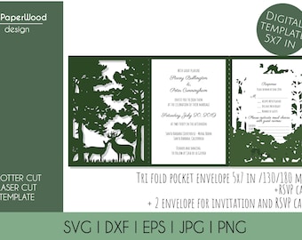 Zestaw Forest Rustic Tri Fold Pocket Wedding Invitation Envelope 5x7 RSVP Card Vector Svg Dxf Eps Silhouette Cricut Paper Laser Cut Template