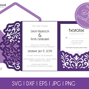 Tri-Fold Pocket Wedding Invitation Cut Template Enveloppe A7 5x7 Swirl Lace Card SVG DXF EPS Paper Papercut Laser Cut File Silhouette Cricut