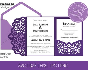 Tri-Fold Pocket Wedding Invitation Cut Template Envelope A7 5x7 Swirl Lace Card SVG DXF EPS Paper Papercut Laser Cut File Silhouette Cricut