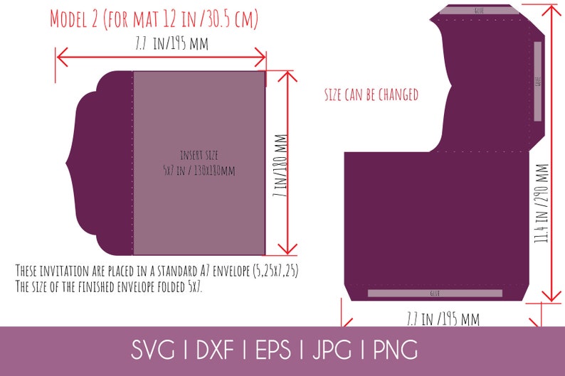 May include: Diagram showing how to create a 12-inch by 7-inch envelope with a 5x7 inch insert. The envelope is designed to be folded and has a flap. The diagram includes measurements in inches and millimeters.