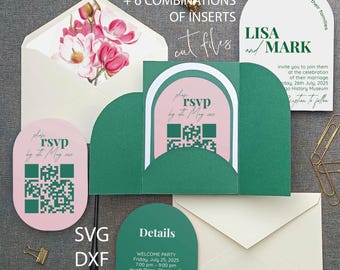 Modern Arch Gate Fold Pocket Wedding Invitation template suite Cricut Silhouette Brother plotter laser cut SVG Dxf Eps DIY invite