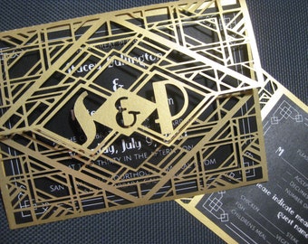 Set Art Deco Great Gatsby 20s Wedding Invitation Envelope 5x7 RSVP Card Vector Svg Dxf Eps Silhouette Paper DAY Papercut Laser Cut Template