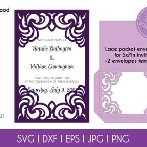 Wedding Invitation Pocket Envelope Cut Template 5x7 Classic Swirl Lace Card Svg Dxf Eps DIY Paper Papercut Silhouette Cricut Laser Cut File