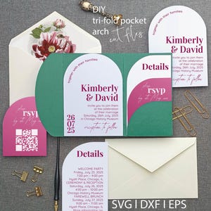 Plantilla de invitación de boda moderna con tres pliegues y capas de bolsillo, de 5 x 7 pulgadas, para Cricut, Silhouette, Brother, plotter, corte láser, SVG, DXF, Eps, invitación DIY