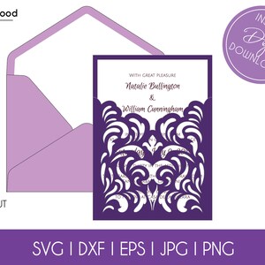 Envelope de bolso de renda de casamento, envelope a7 5x7, modelo de cartão de convite, clássico, svg, dxf, eps, faça você mesmo, papel, corte de papel, silhueta, cricut, arquivo de corte a laser