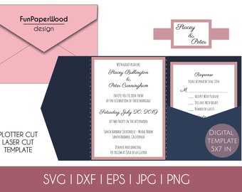 Set Classic Tri Fold Pocket Wedding Invitation Envelope A7 5x7 RSVP Card Vector Svg Dxf Eps Pdf Silhouette Cricut Paper Laser Cut Template