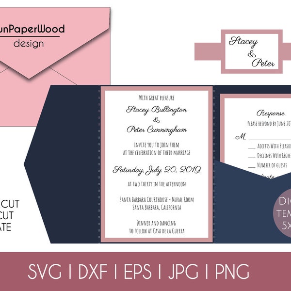 Set Klassisch Tri Fold Tasche Hochzeit Einladung Umschlag A7 5x7 RSVP Karte Vektor SVG Dxf Eps Pdf Silhouette Cricut Papier Laser Cut Vorlage