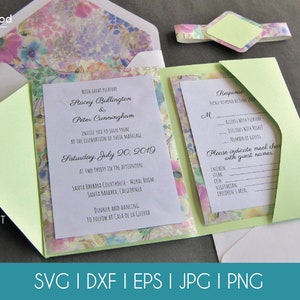 Set Classic Tri Fold Pocket Wedding Invitation Envelope A7 5x7 RSVP Card Vector Svg Dxf Eps Pdf Silhouette Cricut Paper Laser Cut Template