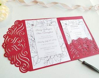 Tri-Fold Pocket Wedding Invitation Cut Template Envelope A7 5x7 Swirl Lace Card Svg Dxf Eps Silhouette Cricut Paper Papercut Laser Cut File