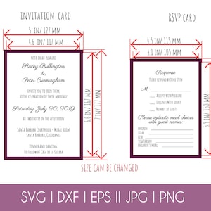 May include: A printable wedding invitation and RSVP card template with a burgundy border. The invitation card reads "With great pleasure, Stacey Bullington & Peter Cunningham invite you to join them at the celebration of their marriage, Saturday, July 20, 2019 at two thirty in the afternoon, Santa Barbara Courthouse - Mural Room, Santa Barbara, California. Dinner and dancing to follow at Casa de la Guerra."