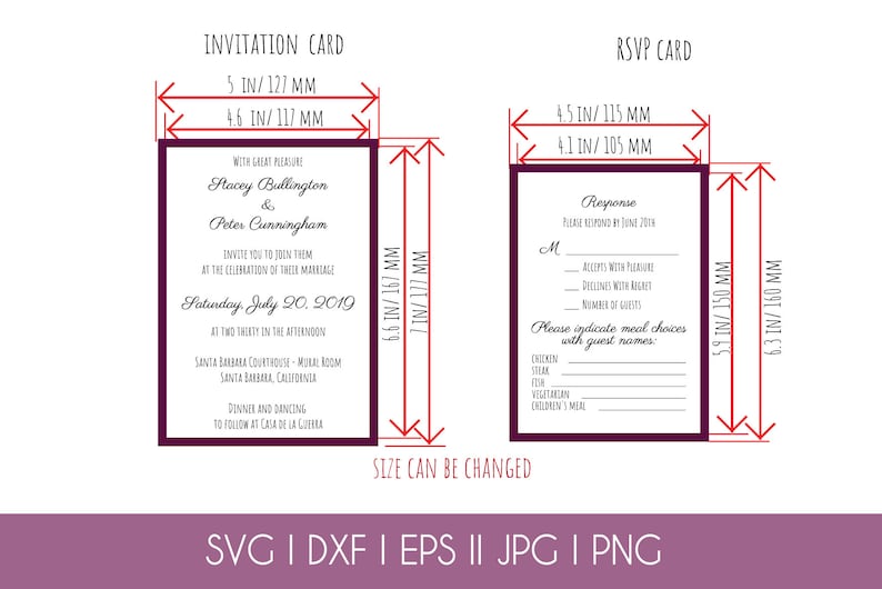 May include: A printable wedding invitation and RSVP card template with a burgundy border. The invitation card reads "With great pleasure, Stacey Bullington & Peter Cunningham invite you to join them at the celebration of their marriage, Saturday, July 20, 2019 at two thirty in the afternoon, Santa Barbara Courthouse - Mural Room, Santa Barbara, California. Dinner and dancing to follow at Casa de la Guerra."