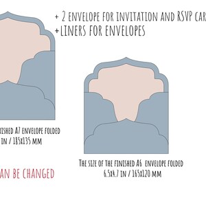 May include: Two illustrations of folded envelopes with intricate designs. The first envelope is 7.25 x 5.25 inches or 185 x 135 millimeters. The second envelope is 6.5 x 4.7 inches or 165 x 120 millimeters. The text reads "+ 2 ENVELOPE FOR INVITATION AND RSVP CARD + LINERS FOR ENVELOPES".