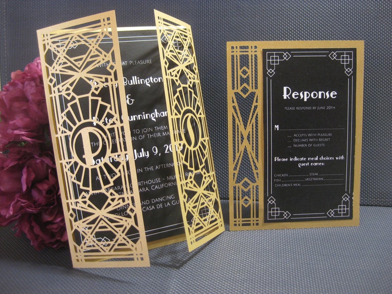 Set Art Deco 20s Wedding Gate Fold Invitation 5x7 RSVP