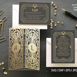 Art Deco Hochzeit Tor Falten Einladung SVG Dxf EPS-Dateien | DIY Plotter Cricut Silhouette Brother Design & Laser Cut Vorlage 13 x 18 cm