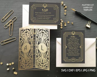 Art Deco Wedding Gate Fold Invitation SVG Dxf EPS files | DIY plotter Cricut Silhouette Brother Design & Laser Cut machine Template 5x7 in