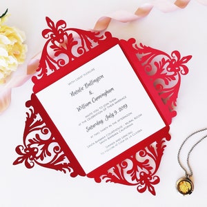 Modelo de corte de convite de casamento quadrado de quatro dobras Cartão de renda redemoinho 6x6 Envelope Svg Dxf Eps Papel Papercut Cricut Silhouette Arquivo de corte a laser