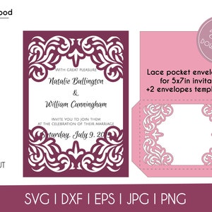 Wedding Invitation Pocket Envelope Cut Template 5x7 Classic Swirl Lace Card Svg Dxf Eps DIY Paper Papercut Silhouette Cricut Laser Cut File