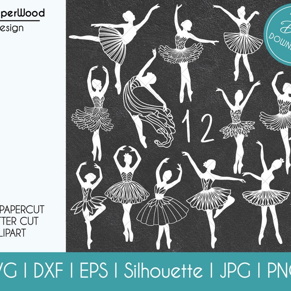 12 Dancing Ballerina SVG Bundle Papercut Templates Ballet Dancer Svg Dxf EPS Silhouette Studio Paper Laser Cut Jpeg Hand Papercut Templates